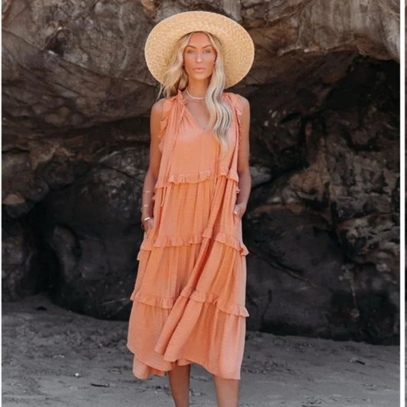&Merci Collection BALLARD COTTON BLEND POCKETED TIERED MIDI DRESS PAPAYA M - Picture 1 of 11